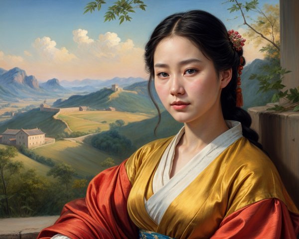 Young Woman in Traditional Attire Against Scenic Landscape