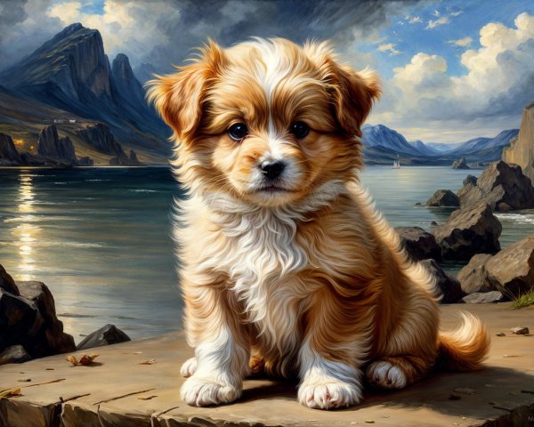 Fluffy Puppy on Rocky Shore with Scenic Background