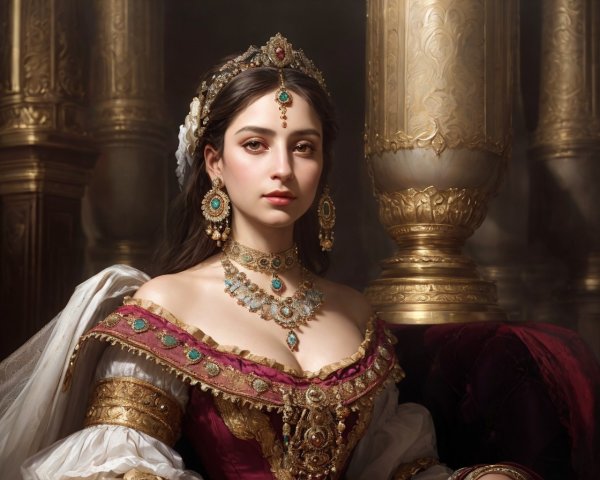 Regal woman in burgundy and gold dress with jewelry by golden columns