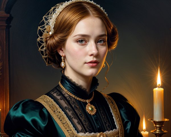 19th-Century Woman in Elegant Green Gown and Pearls