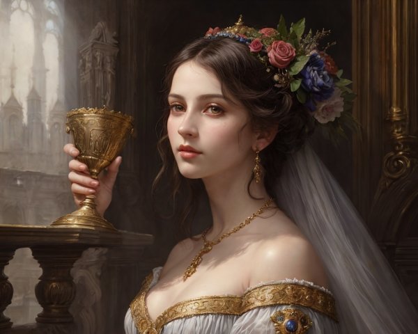 Young woman in elegant gown with floral crown and chalice