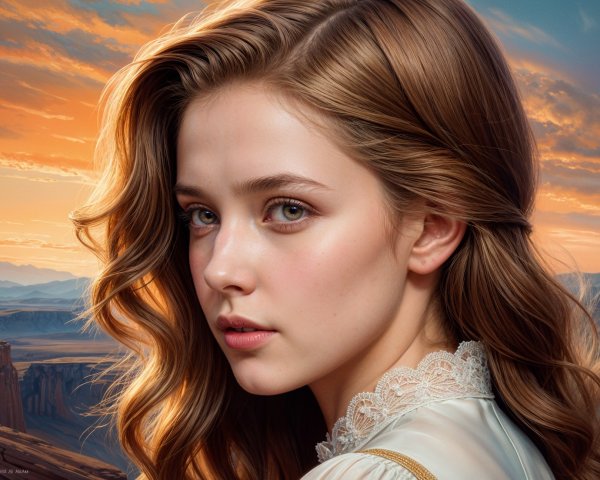 Young woman with chestnut hair in sunset landscape