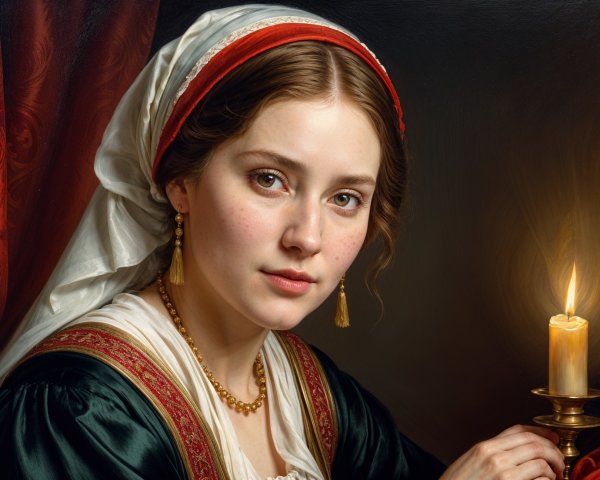 Young woman in historical dress with candlelight glow