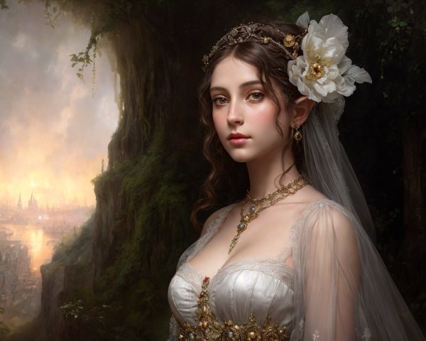 Elegant woman in vintage dress gazes at glowing cityscape