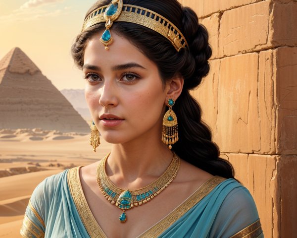Young Woman in Turquoise Gown by Pyramids
