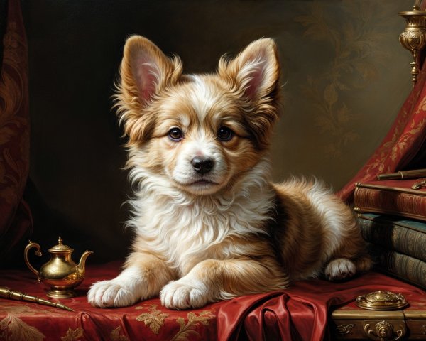Fluffy Corgi Puppy on Ornate Fabric with Antiques