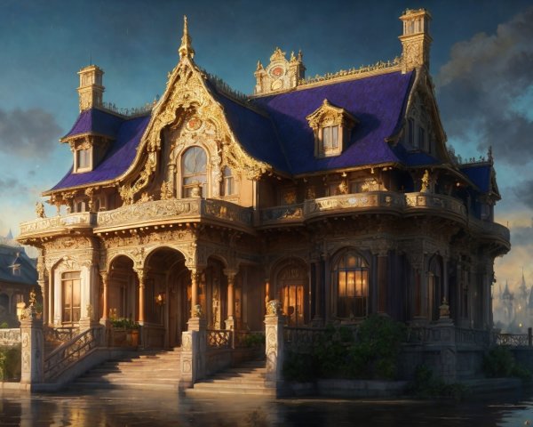 Opulent mansion with golden detailing and blue roof