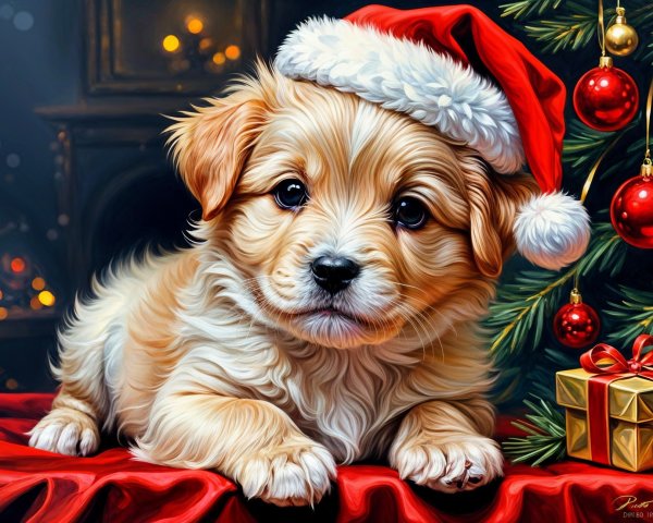 Fluffy golden puppy in Santa hat on festive tablecloth