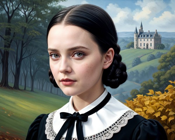 Young girl in vintage dress against gothic landscape