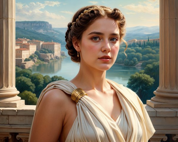 Young Woman in Elegant Ancient Setting with Landscape