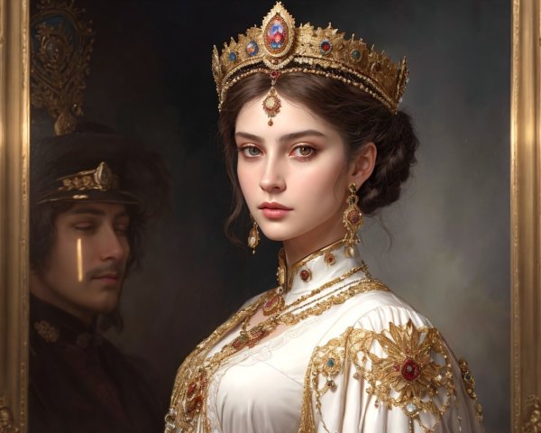 Regal Woman in Golden Crown and Elegant Gown