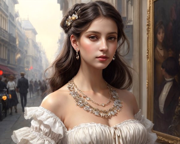 Elaborate Hairstyle Woman in Vintage Gown with European Street Scene