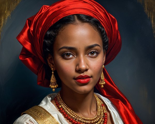 Young Woman in Traditional Attire with Red Headscarf