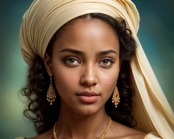 Portrait of a Young Woman with Hazel Eyes and Headscarf