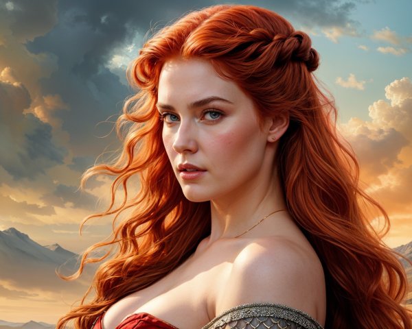 Woman with Red Hair in Fantasy Costume at Sunset