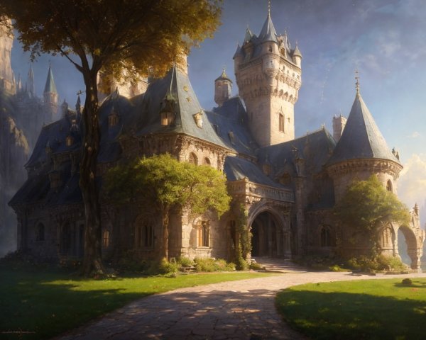Sunlit Castle with Towering Spires and Cobblestone Pathway