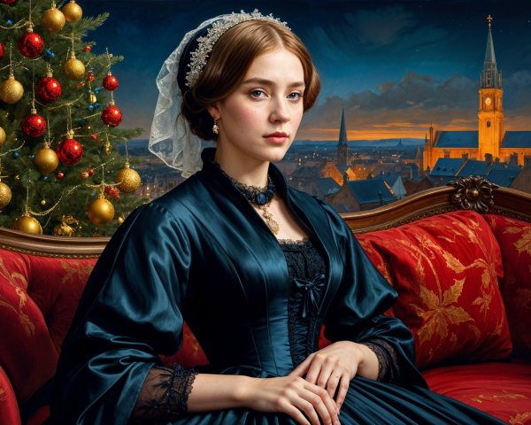 Elegant woman in blue gown with festive backdrop