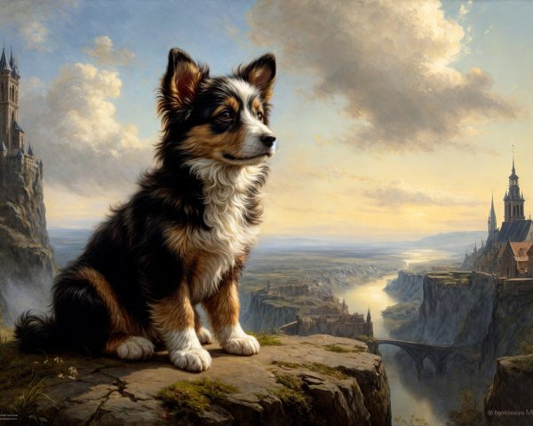 Fluffy Dog on Rocky Ledge with Scenic Landscape