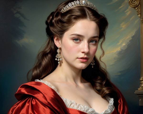 Young Woman in Red Gown with Tiara and Blue Eyes
