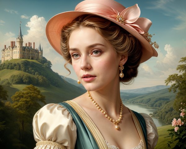 Young woman in pastel dress with castle backdrop
