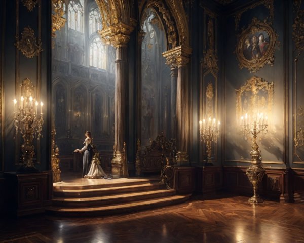 Opulent room with elegant staircase and golden light