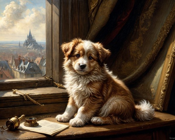 Fluffy Puppy on Windowsill with Scenic Landscape View