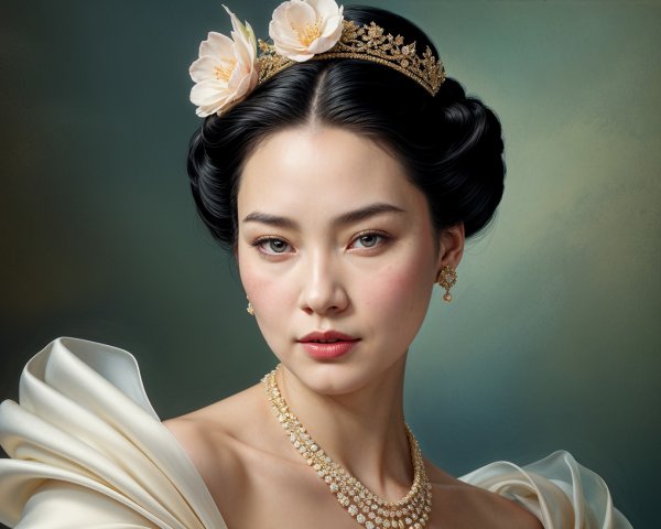 Elegant Young Woman in Floral Crown and Gown