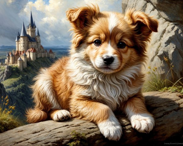 Fluffy Puppy Resting Near Majestic Castle Landscape