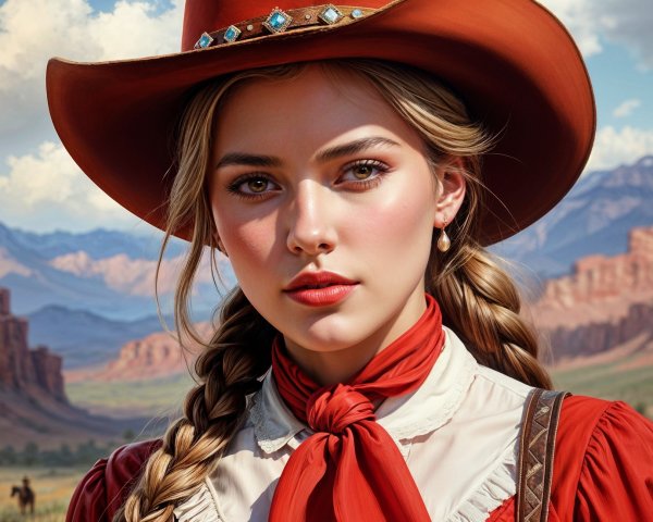 Young Woman in Cowboy Outfit with Scenic Mountains