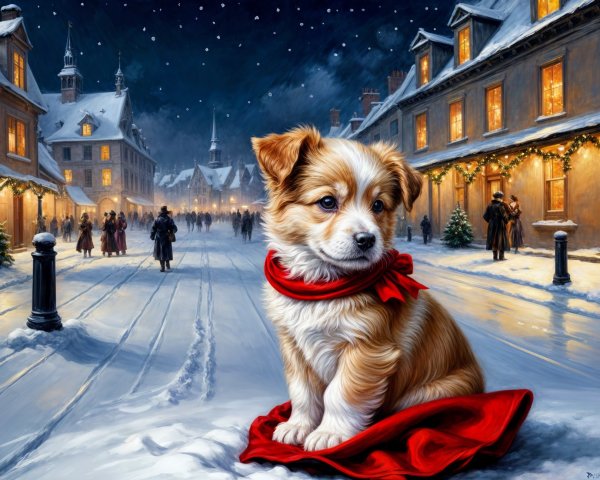 Puppy on Red Blanket in Festive Snowy Street