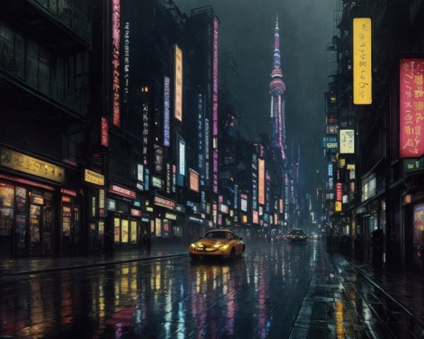 Rain-soaked night street in neon-lit city with foreign script signs and distant tower.