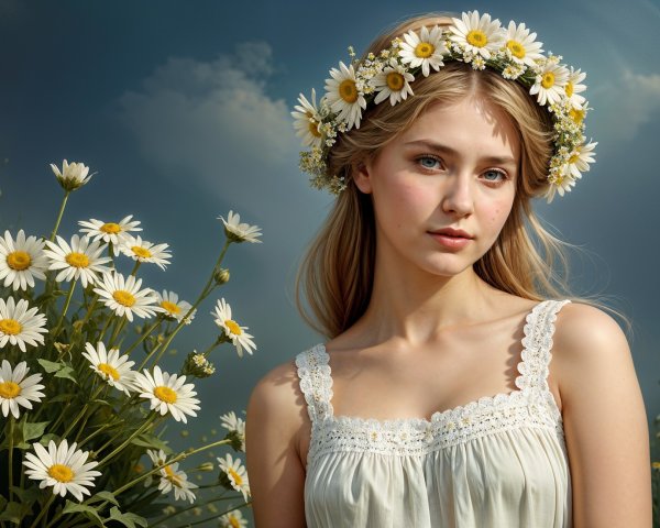 Young woman in a field of daisies with flower crown