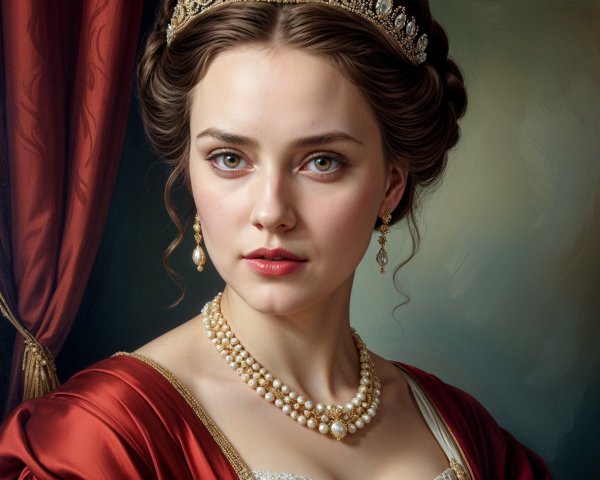 Regal woman in deep red gown with elegant jewelry
