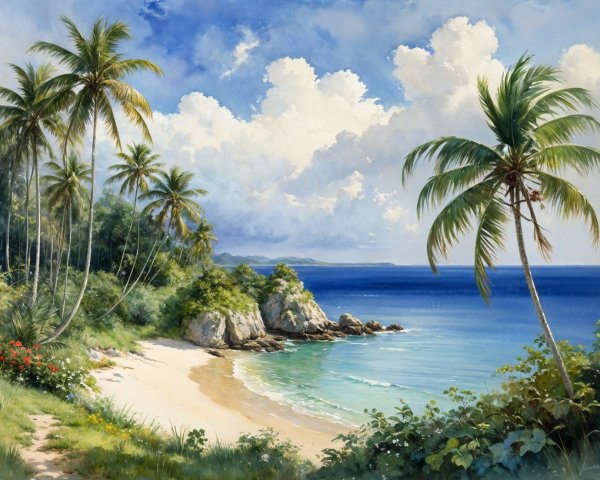 Serene Beach Scene with Golden Sand and Turquoise Waves