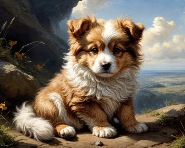 Fluffy caramel and white puppy on rocky surface