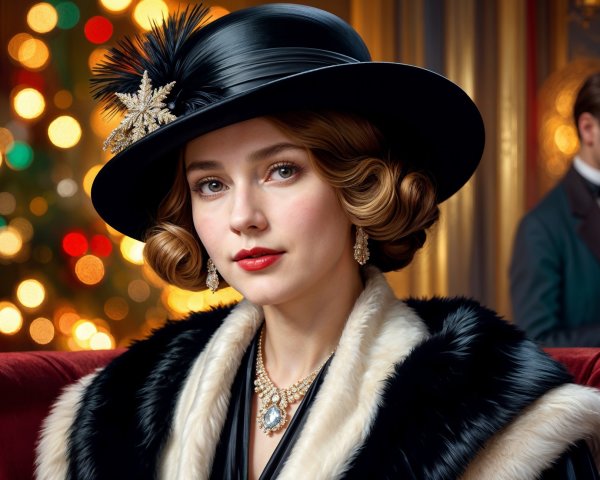 Glamorous Woman in Vintage Setting with Christmas Tree