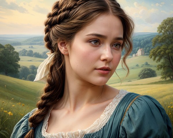 Young woman in vintage dress in serene landscape