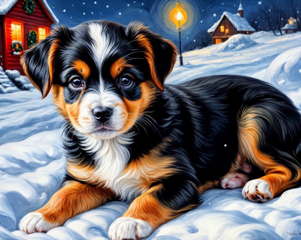Playful Puppy in Snowy Landscape with Cozy House
