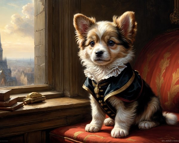 Regal puppy in stylish outfit by grand window