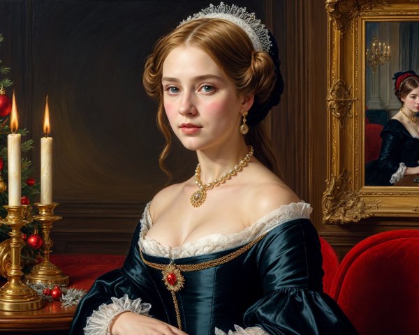 Elegant Portrait of Woman in Black Gown and Jewelry