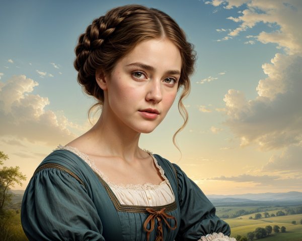 Young Woman in Vintage Blue Gown with Scenic Background