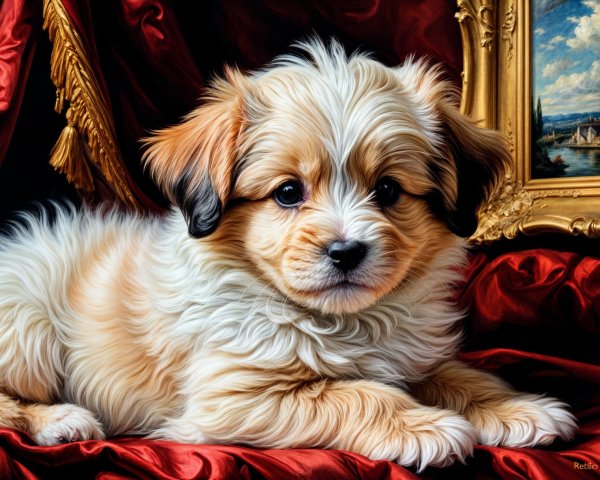 Fluffy puppy on red fabric with ornate background
