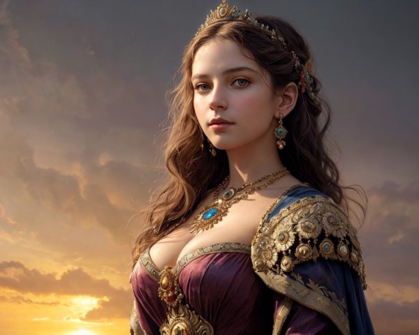Regal woman portrait with jeweled crown and period clothing against cloudy sky