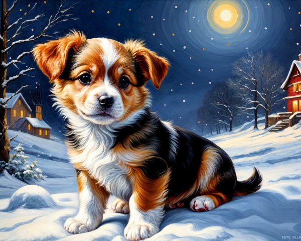 Puppy in Snowy Landscape Under Glowing Moonlight