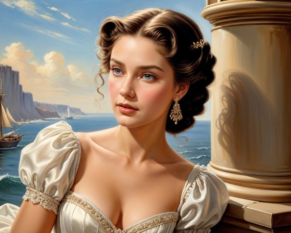 Young woman in elegant gown by serene seascape