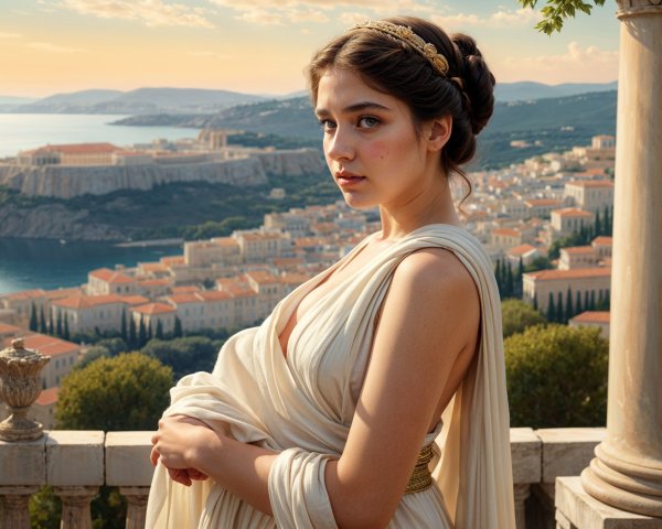 Young Woman in Elegant Robes at Ancient Ruins