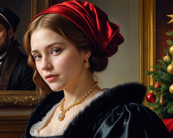 Elegant woman in black gown with festive backdrop