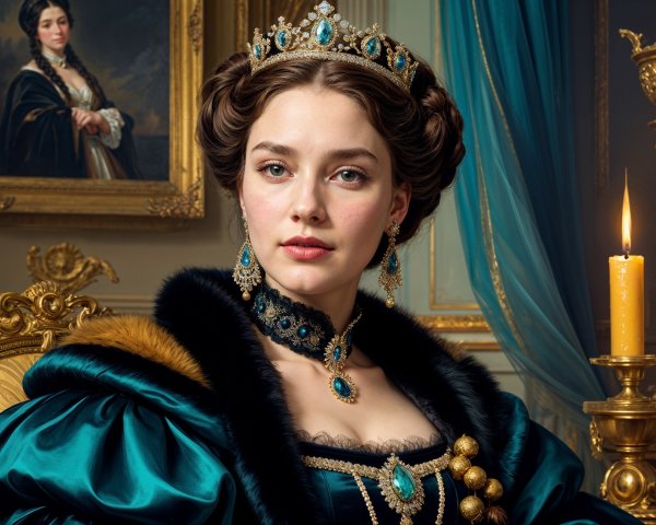 Regal Woman in Teal Gown with Crown and Jewelry