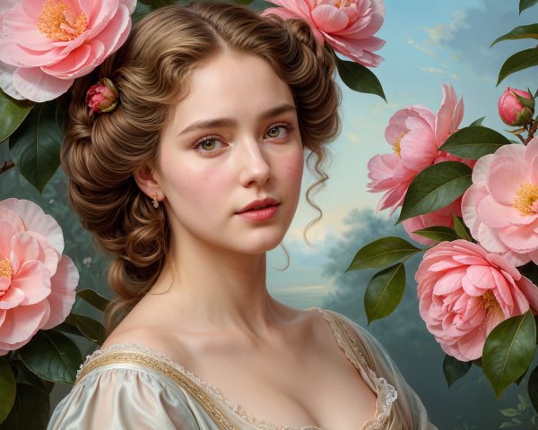 Young woman with flowers in serene, romantic setting