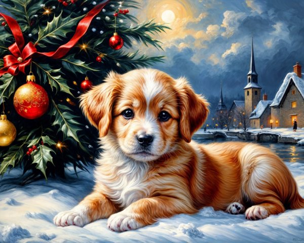 Fluffy puppy with Christmas tree in winter scene